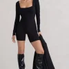 Kayleigh | Black Square-Neck Long-Sleeve Playsuit