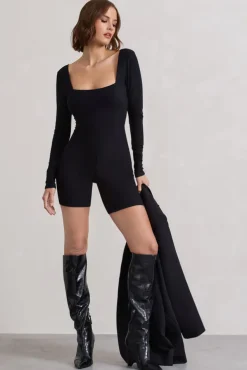 Kayleigh | Black Square-Neck Long-Sleeve Playsuit