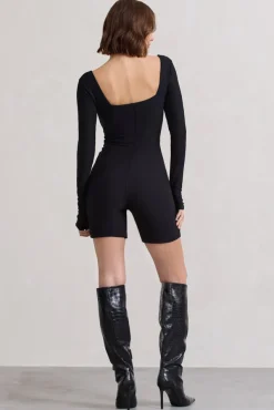 Kayleigh | Black Square-Neck Long-Sleeve Playsuit