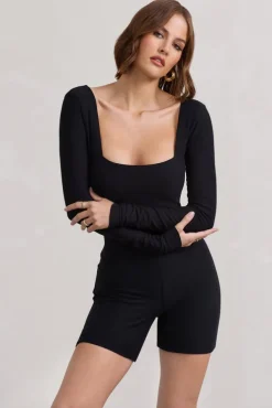 Kayleigh | Black Square-Neck Long-Sleeve Playsuit