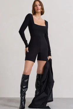 Kayleigh | Black Square-Neck Long-Sleeve Playsuit