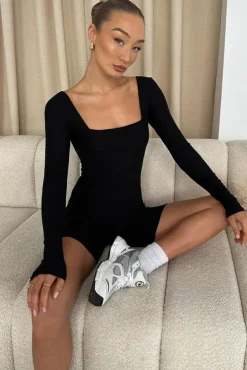 Kayleigh | Black Square-Neck Long-Sleeve Playsuit