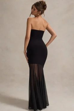 Kaylen | Black Bandeau Mesh Fishtail Maxi Dress