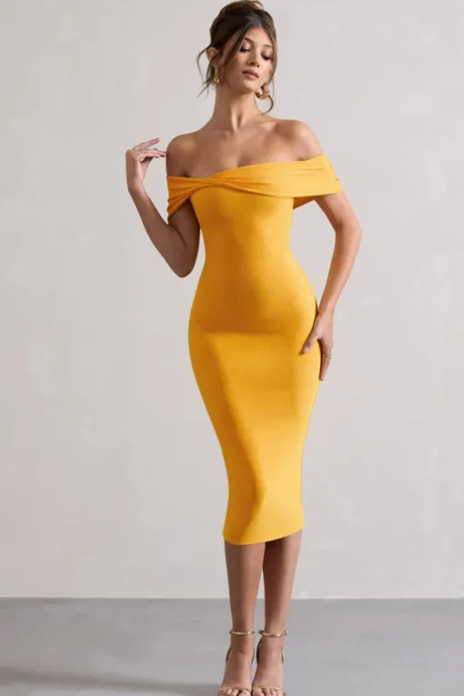 Keely | Mango Bodycon Twisted Bardot Midi Dress