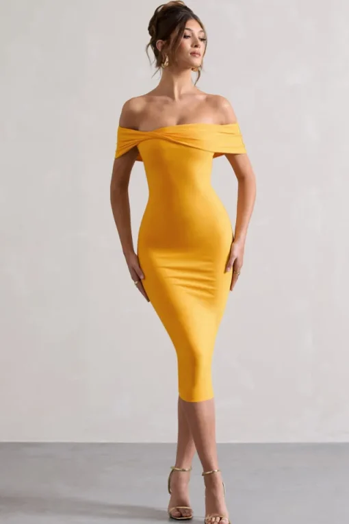 Keely | Mango Bodycon Twisted Bardot Midi Dress