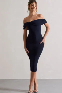 Keely | Navy Bodycon Twisted Bardot Midi Dress