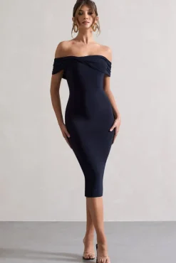 Keely | Navy Bodycon Twisted Bardot Midi Dress