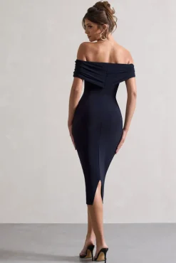 Keely | Navy Bodycon Twisted Bardot Midi Dress