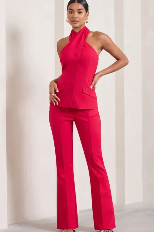 Kehlani | Red High Waist Wide Leg Trousers