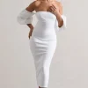 Keira | White Bardot Puff-Sleeve Midi Dress