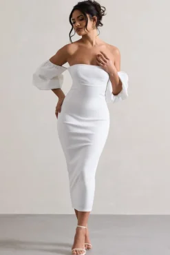 Keira | White Bardot Puff-Sleeve Midi Dress