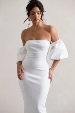 Keira | White Bardot Puff-Sleeve Midi Dress