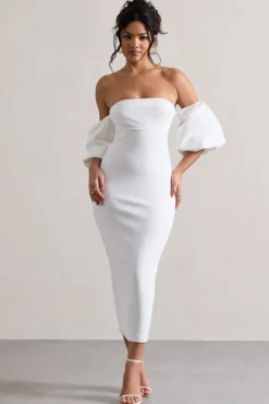 Keira | White Bardot Puff-Sleeve Midi Dress