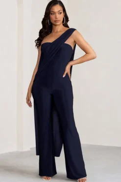Kendra | Navy Asymmetric Bandeau Jumpsuit with Drape
