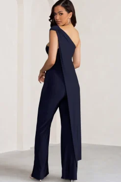 Kendra | Navy Asymmetric Bandeau Jumpsuit with Drape