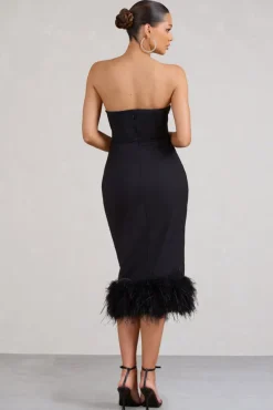 Kensington | Black Bodycon Midi Dress With Statement Feather Trim