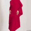 Keva | Red Long Sleeve Ruched Maxi Dress with Cape Detailing