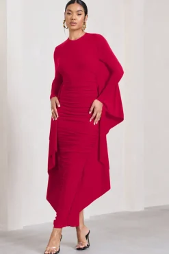 Keva | Red Long Sleeve Ruched Maxi Dress with Cape Detailing
