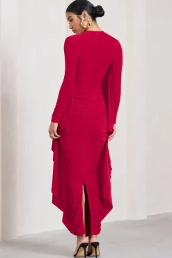 Keva | Red Long Sleeve Ruched Maxi Dress with Cape Detailing