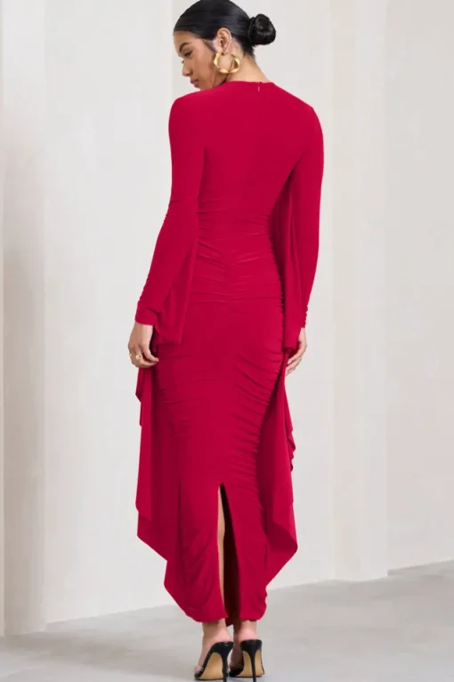 Keva | Red Long Sleeve Ruched Maxi Dress with Cape Detailing
