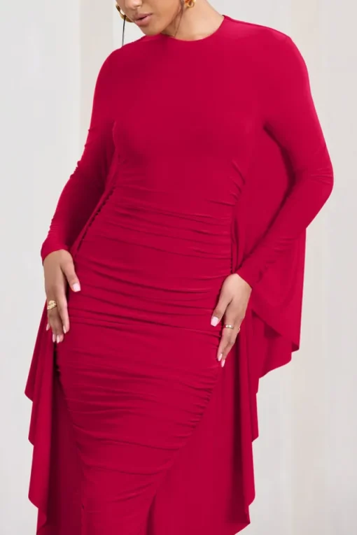 Keva | Red Long Sleeve Ruched Maxi Dress with Cape Detailing