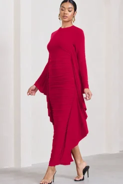 Keva | Red Long Sleeve Ruched Maxi Dress with Cape Detailing