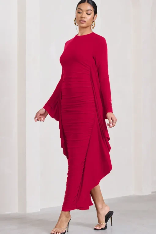 Keva | Red Long Sleeve Ruched Maxi Dress with Cape Detailing