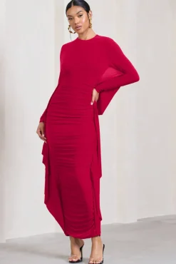 Keva | Red Long Sleeve Ruched Maxi Dress with Cape Detailing