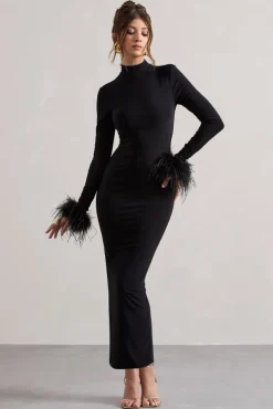 Khalia | Black High-Neck Feather-Cuff Maxi Dress