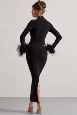 Khalia | Black High-Neck Feather-Cuff Maxi Dress