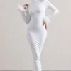 Khalia | White High-Neck Feather-Cuff Maxi Dress