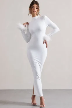 Khalia | White High-Neck Feather-Cuff Maxi Dress