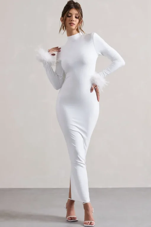 Khalia | White High-Neck Feather-Cuff Maxi Dress