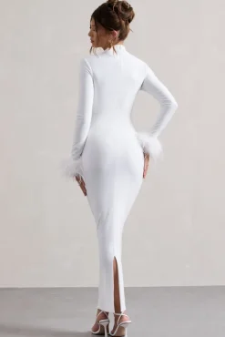 Khalia | White High-Neck Feather-Cuff Maxi Dress