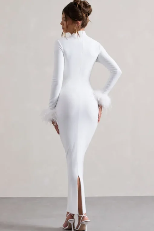 Khalia | White High-Neck Feather-Cuff Maxi Dress
