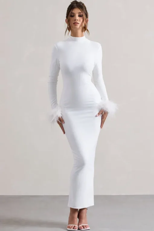 Khalia | White High-Neck Feather-Cuff Maxi Dress