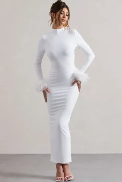 Khalia | White High-Neck Feather-Cuff Maxi Dress