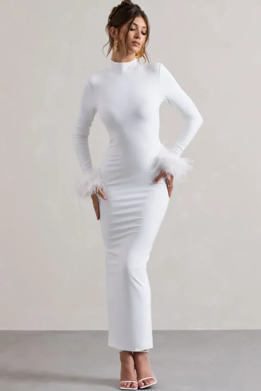 Khalia | White High-Neck Feather-Cuff Maxi Dress