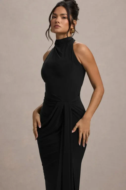 Khari | Black High-Neck Twisted Maxi Dress With Drape
