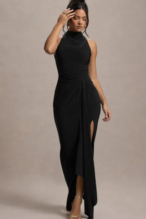 Khari | Black High-Neck Twisted Maxi Dress With Drape