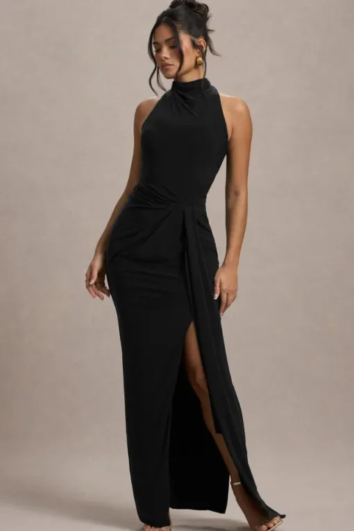 Khari | Black High-Neck Twisted Maxi Dress With Drape