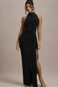 Khari | Black High-Neck Twisted Maxi Dress With Drape