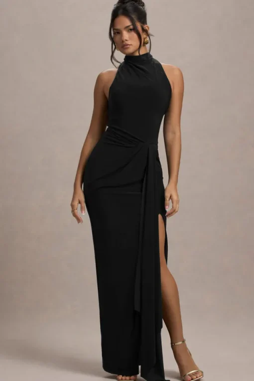 Khari | Black High-Neck Twisted Maxi Dress With Drape