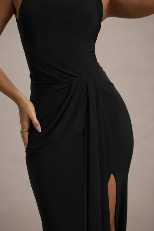 Khari | Black High-Neck Twisted Maxi Dress With Drape