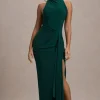 Khari | Bottle Green High-Neck Twisted Maxi Dress With Drape