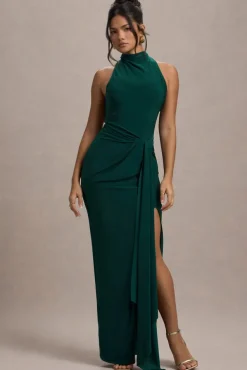 Khari | Bottle Green High-Neck Twisted Maxi Dress With Drape
