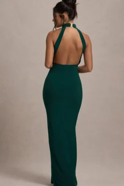 Khari | Bottle Green High-Neck Twisted Maxi Dress With Drape