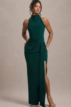 Khari | Bottle Green High-Neck Twisted Maxi Dress With Drape