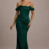 Kimberly | Bottle Green Bardot Fishtail Satin Maxi Dress