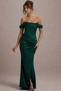 Kimberly | Bottle Green Bardot Fishtail Satin Maxi Dress